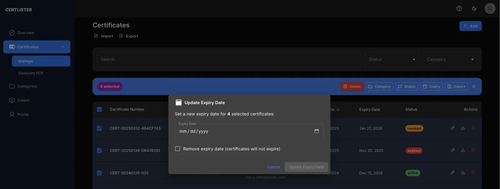 CertLister bulk expiry update interface for managing employee certification dates